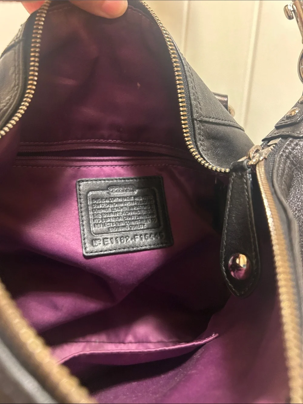 Vintage Ashley Coach Black Leather Shoulder Satchel with purple lining